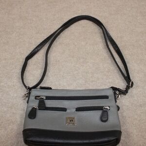 Stone & Co Crossbody Bag Grey Black Two Tone Multi Pocket Faux Leather Purse‎